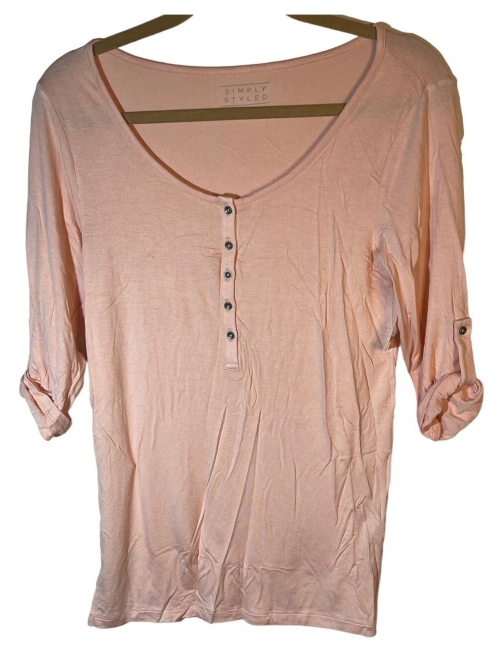 Simply Styled 3/4 button up sleeve shirt peach blouse scoop neck silver 3/4 READ